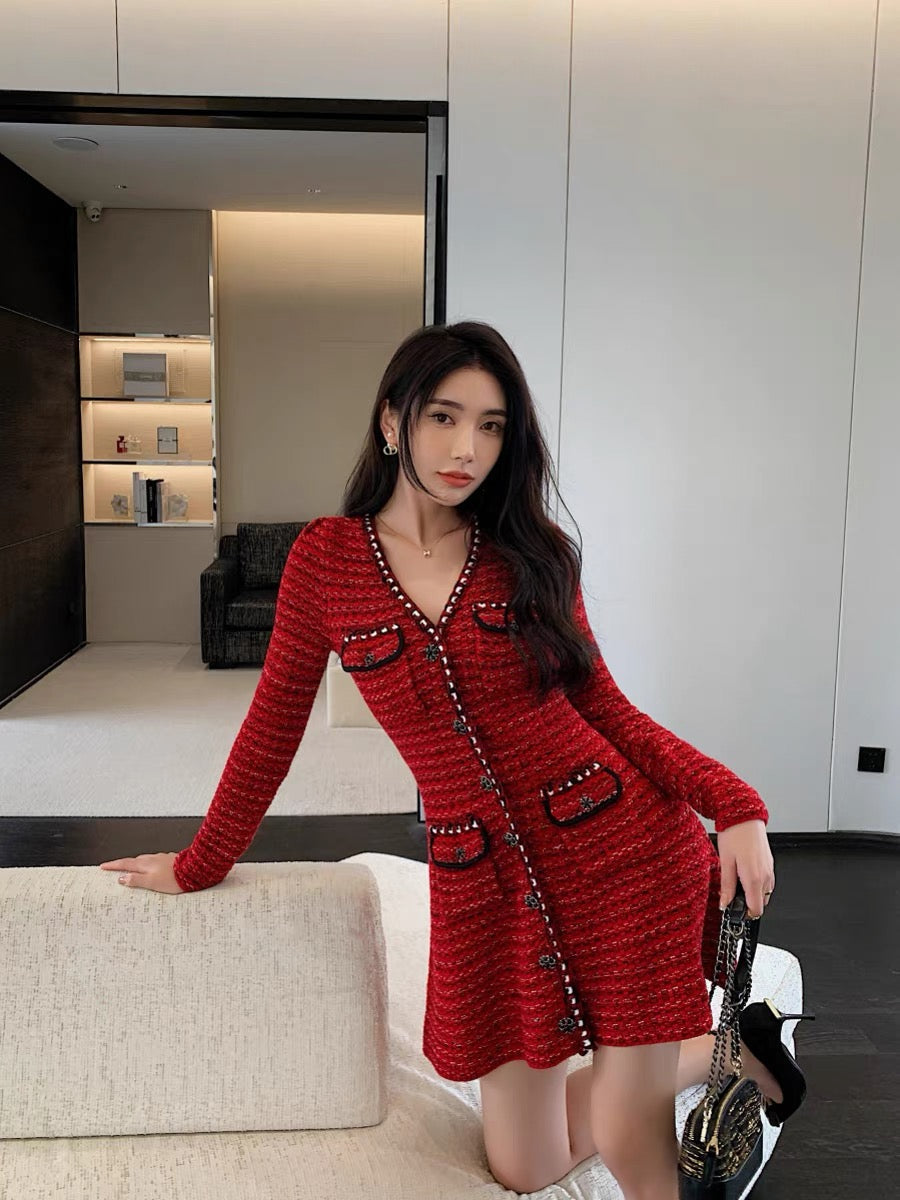 Autumn new Christmas and New Year festive red long-sleeved V-neck knitted cardigan dress dominating sweater umbrella skirt (D169)