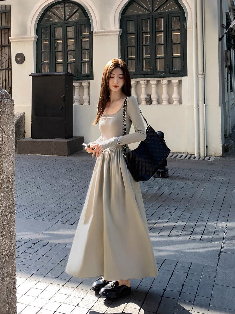 MULVAN square neck long-sleeved knitted dress for women, French style, high-end, waist slimming, A-line splicing long skirt (S0604)