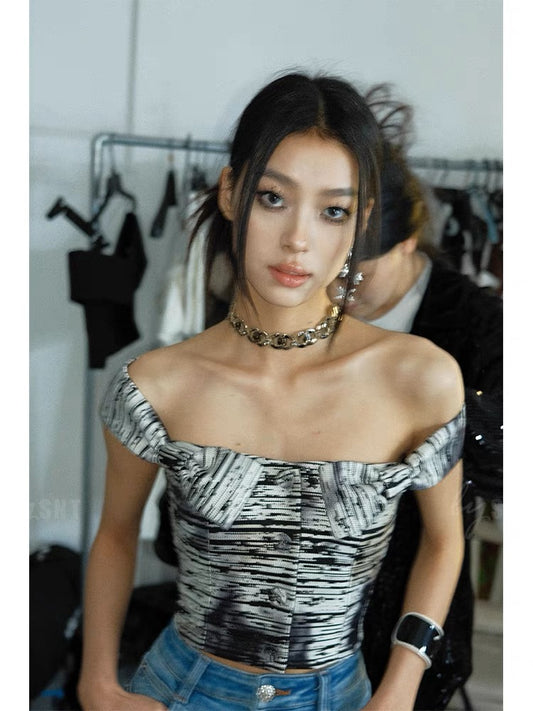 SNT Ace retro ink line jacquard pattern bow hottie tight short off-shoulder one-shoulder top for women