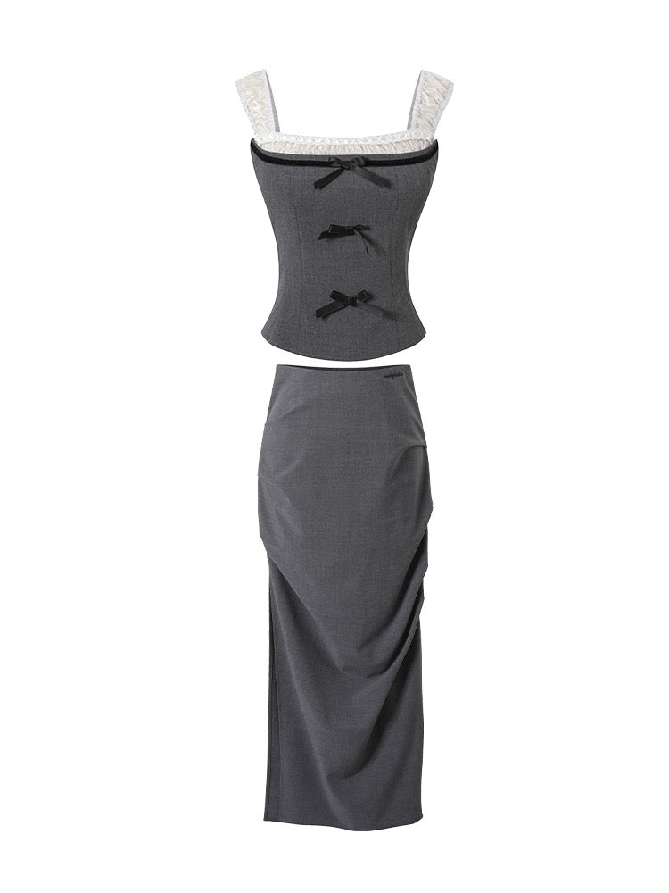 Underpass original design French grey mesh bow suspender top slit long skirt two piece suit