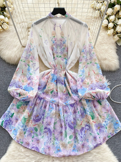 French dress spring women's sweet fungus collar buttoned slim short printed age-reducing puff sleeve holiday dress