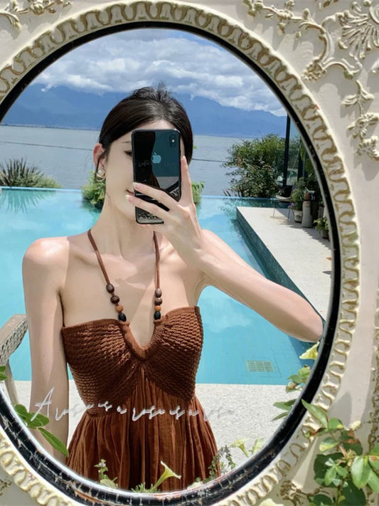 Thailand Phuket Xishuangbanna travel outfit ethnic style sexy backless halter neck suspender dress female summer