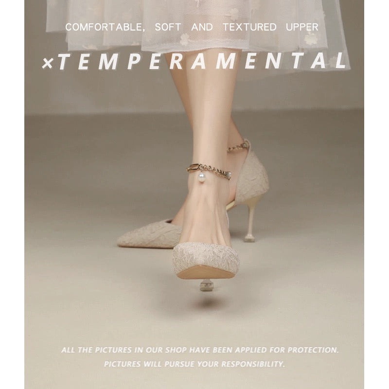Nude high heels summer stiletto niche design French hollow single shoes pointed toe cap toe one-strap fairy style sandals