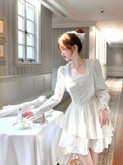 Q Women's Home White Dew under the Moon/French White Jacquard Square Neck Dress Spring Irregular Hem Long Sleeve Little White Dress