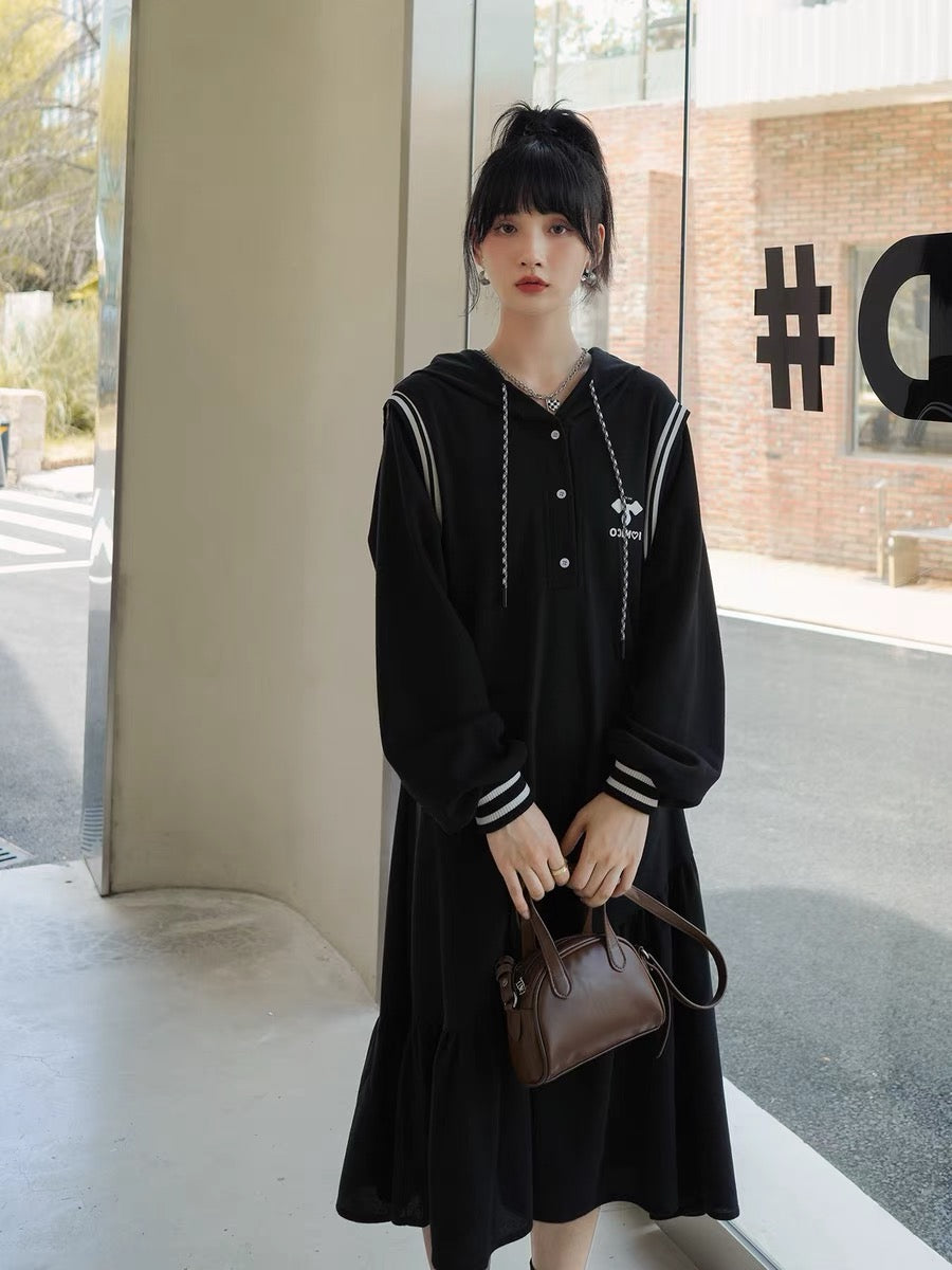 Black long sweatshirt dress for women autumn 2023 new Korean style loose casual high-end hooded long-sleeved dress