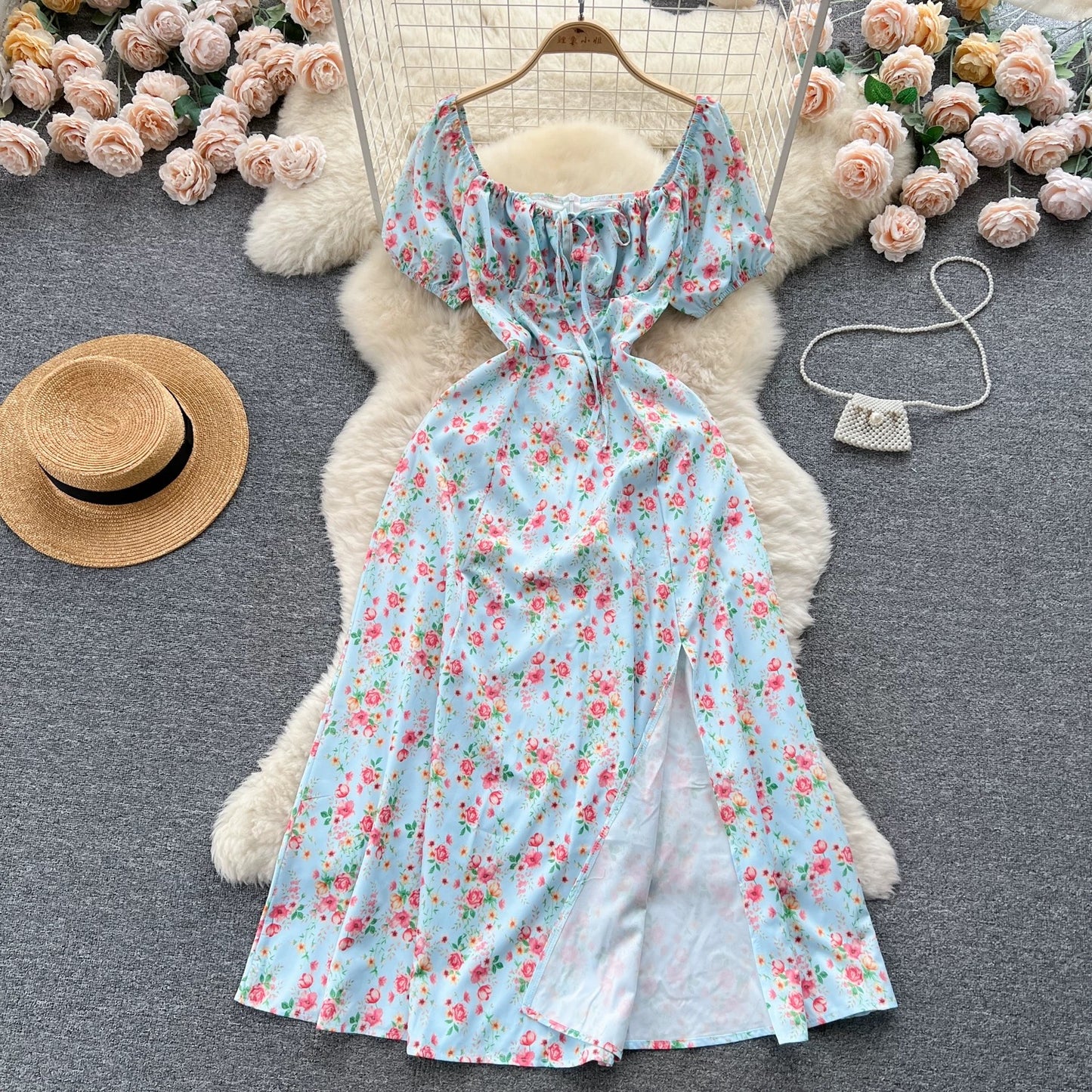 French pure desire high-grade floral puff sleeve dress for women summer slim temperament super fairy forest style slit long skirt