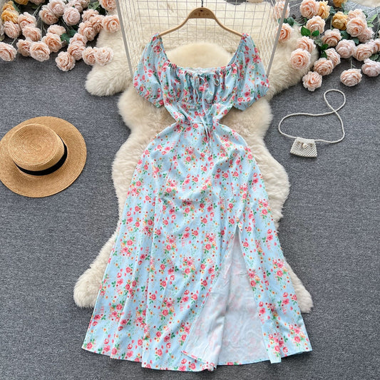French pure desire high-grade floral puff sleeve dress for women summer slim temperament super fairy forest style slit long skirt