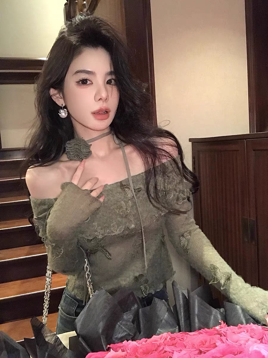 Qiu Rouyao's new autumn lace appliqué top design niche sweet one-line collar butterfly knitted sweater for women (B1913)