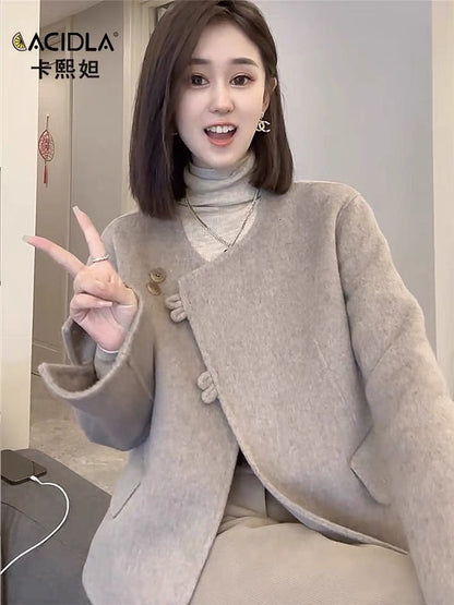Short double-sided cashmere women's coat autumn and winter fashionable round neck slim retro buttoned woolen coat jacket top