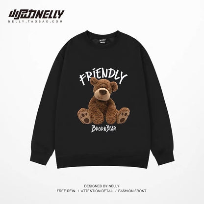Hong Kong style ins trendy round neck sweatshirt for men bear cartoon print off shoulder pullover spring and autumn heavy long sleeve t-shirt