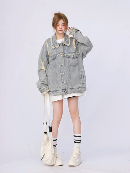 American retro high street trendy brand oversize workwear washed distressed ripped denim jacket women's spring and autumn jacket A3352