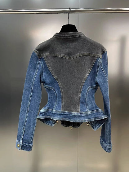 Yuzu MM2023 autumn round neck long-sleeved pocket splicing multi-zipper waist ruffled denim jacket with color contrast