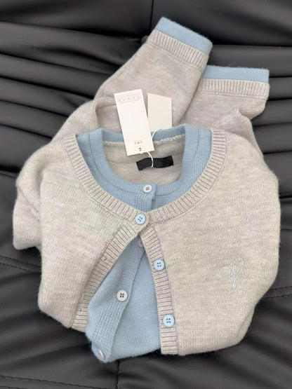 Grey-style" faux-layered knitted cardigan for women – a sophisticated, spliced-design knit sweater from the 2026 spring/autumn collection.