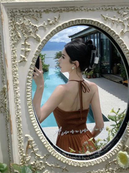 Thailand Phuket Xishuangbanna travel outfit ethnic style sexy backless halter neck suspender dress female summer