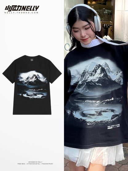 Pure cotton landscape print short-sleeved T-shirt for men and women summer 2024 new heavy loose American style boys half-sleeved top