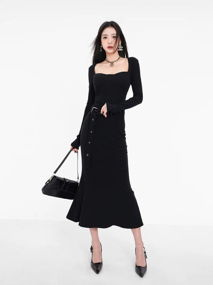 Spring and Autumn Hot Girl Knitted Dress Slim-fitting Bottoming Slimming Tight Sweater Little Mom Fishtail Stepmother Hip Skirt