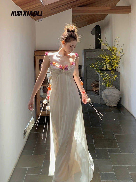 Xiaoli XIAOLI flowers in the mist acetate sling dress long dress spring and summer high-end exquisite holiday fairy gauze skirt