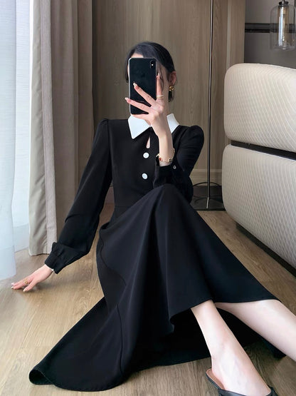 Guo Ge's black dress for women 2023 autumn new French retro slim Hepburn style long skirt with drape