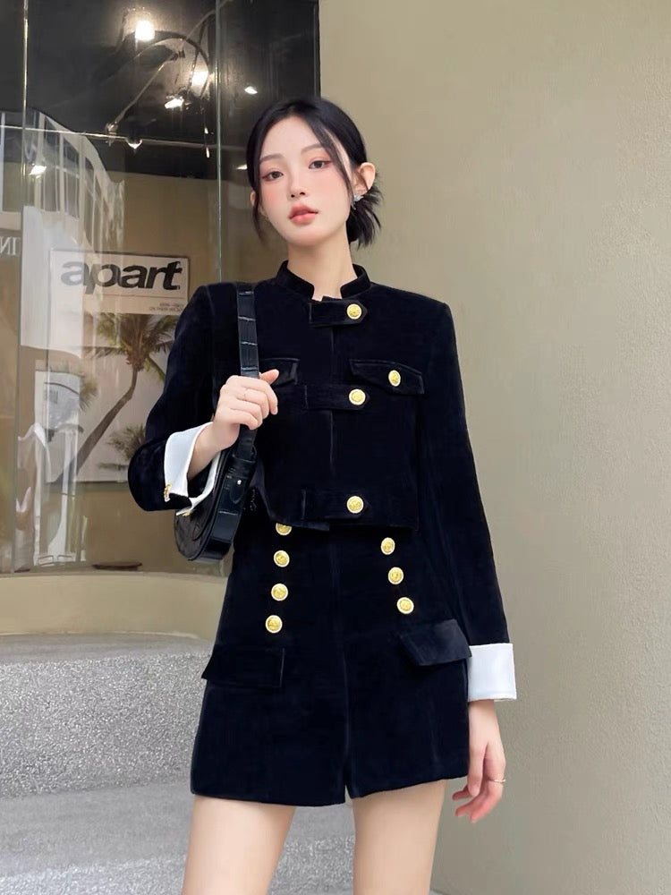 Black velvet suit for women, new autumn style, high-end, temperament, double-breasted jacket, short skirt, two-piece set (B2413)