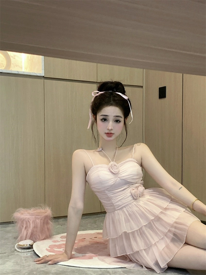 Pure desire suspender halterneck dress for women in summer sweet hottie heavy industry flower skirt temperament ruffled cake skirt