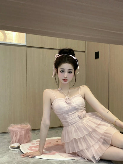 Pure desire suspender halterneck dress for women in summer sweet hottie heavy industry flower skirt temperament ruffled cake skirt