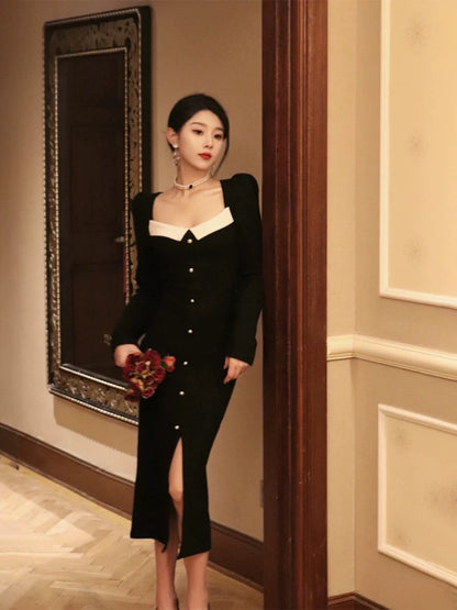 Thirteen and Little French Hepburn style dress for women autumn and winter square neck slit slim fit black knitted skirt