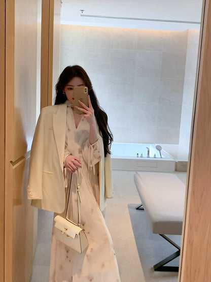 ByYou spring new high-end tea break ribbon v-neck yellow floral dress with waist and puff sleeves long skirt