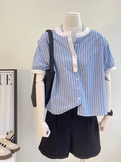 The last wave of new styles in summer~Spliced vertical striped shirts for women Summer design loose and slim short-sleeved tops