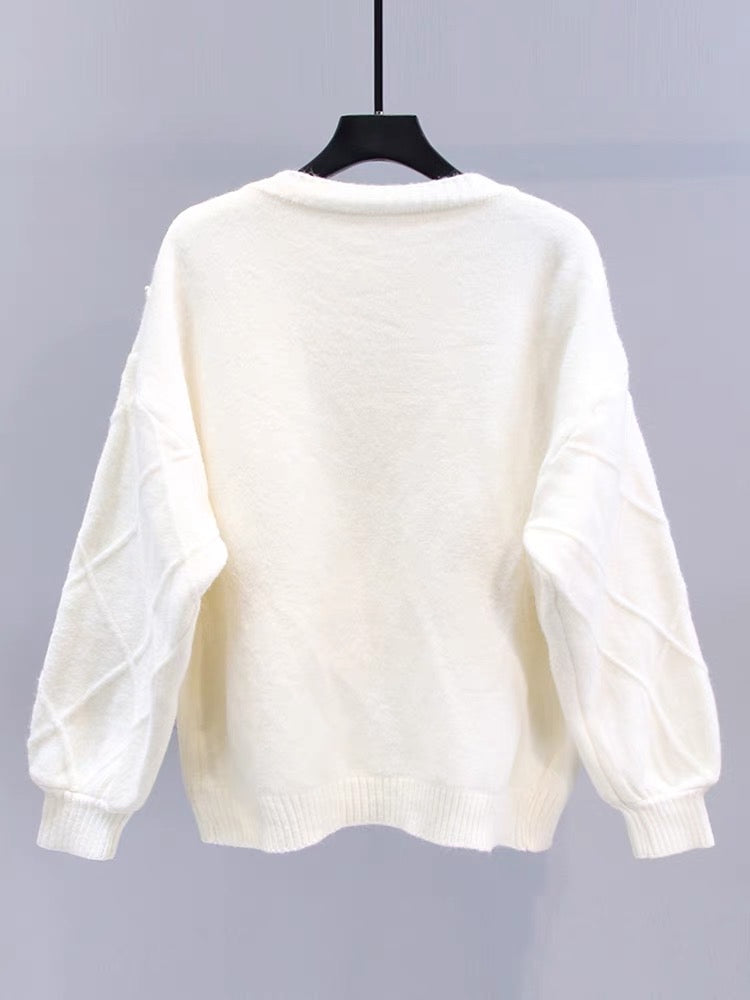 Heavy beading design sweater jacket for women autumn and winter 2023 new loose lazy style mid-length knitted cardigan