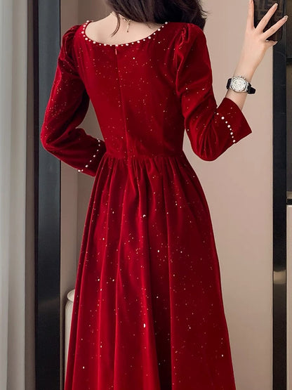 Autumn and winter new style retro temperament elegant light luxury high-end long skirt engagement red sequined mini dress dress
