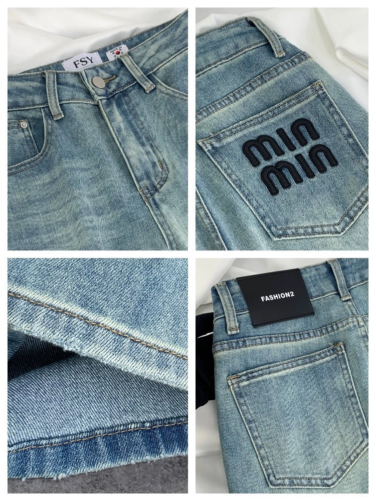 2024 spring new style high-waisted slimming loose light-colored straight pants embroidered letters narrow stretch jeans for women