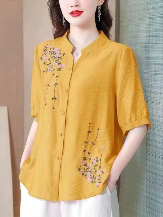 Summer mid-sleeve cotton and linen tops for women 2024 new Chinese style embroidered ladies shirts moms loose linen shirts