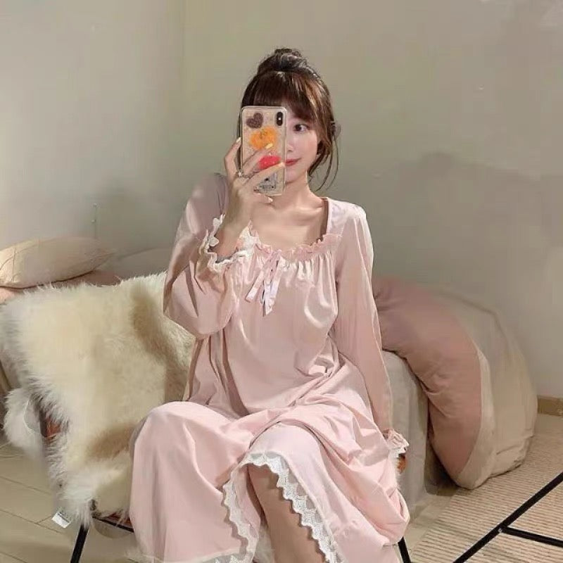 Palace style long-sleeved lace nightgown for women 2023 new spring Korean style cute princess home wear long skirt trendy for outer wear