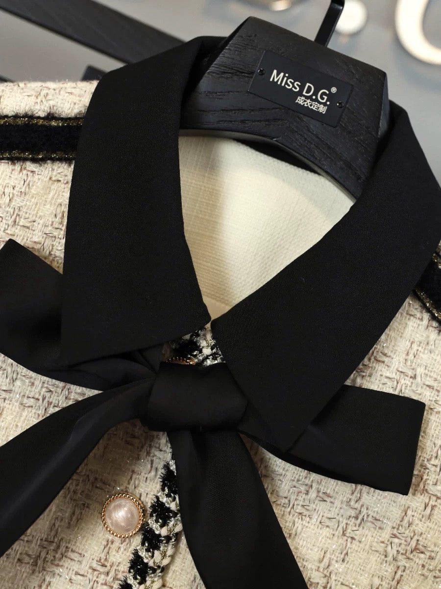 Miss DG small fragrance suit for women autumn and winter bow tie design short coat slimming skirt two-piece set