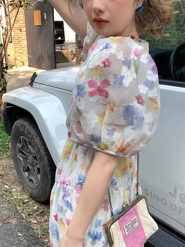 JC Vintage Store "Shimmer Galaxy" French retro floral dress women's summer vacation style puff sleeve long dress D379