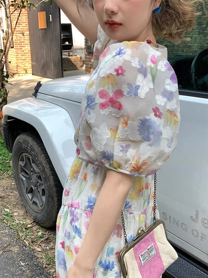 JC Vintage Store "Shimmer Galaxy" French retro floral dress women's summer vacation style puff sleeve long dress D379