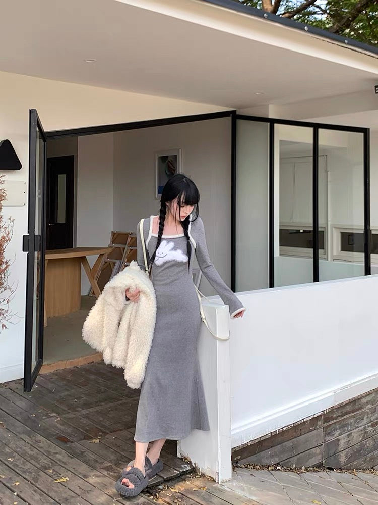 Drowning Three Fish Plush Knitted Dress Women's Autumn and Winter Breast-type Little People Wear Rabbit Sweater Dress Fishtail Long Skirt (D7111)