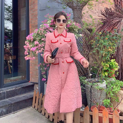 Autumn and winter light cotton over-the-knee coat for women, Korean style cotton jacket, mid-length, contrasting color embossed waist, A-line cotton skirt
