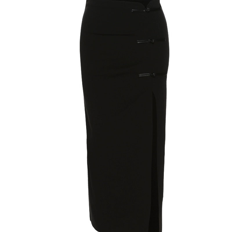 KLIOU New Chinese style retro buckle slit black skirt for women with pleated slimming hip mid-length skirt