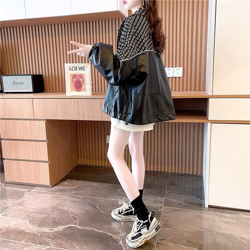 Fashionable design niche stitching leather jacket for women 2023 autumn lazy style Korean style loose cardigan top trend (S0511)
