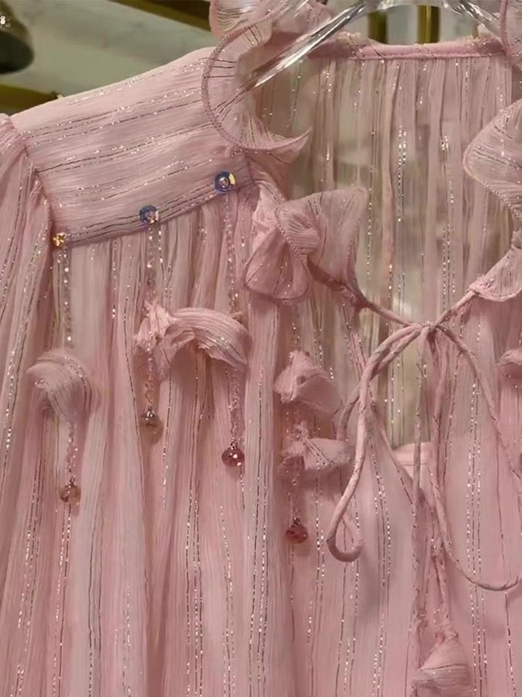 Madino's age-reducing, beautiful and stylish blouse, unique and chic top, light pink beaded chiffon base lining