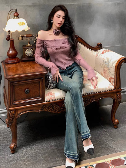 Qiu Rouyao's new autumn lace appliqué top design niche sweet one-line collar butterfly knitted sweater for women (B1913)