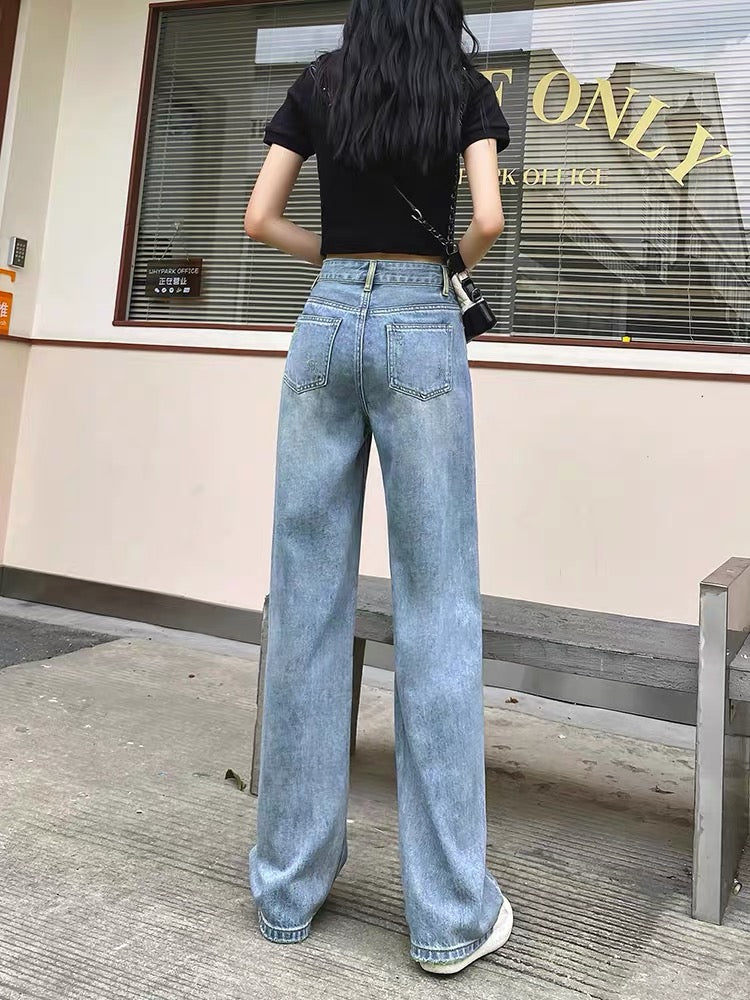 Ripped Jeans Women's Straight Leg Wide Leg Pants Premium Drape 2023 Autumn New High Waist Contrast Color Embroidered Floor Pants (P139)