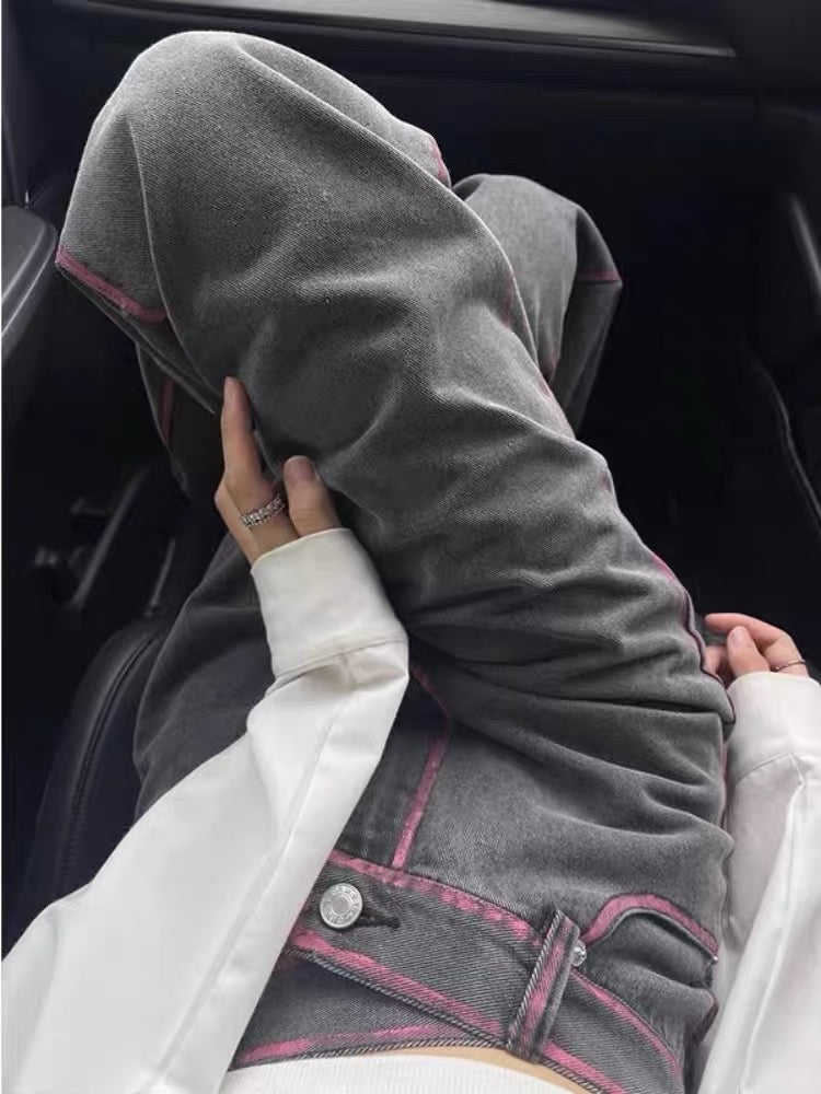 Fashionable design sense contrast color oblique buckle straight jeans for men and women spring and autumn temperament all-match loose wide-leg mopping pants