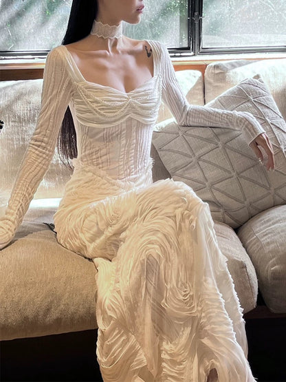 YanaRita Sky Garden of Eden French romantic white textured splicing design square collar knitted dress