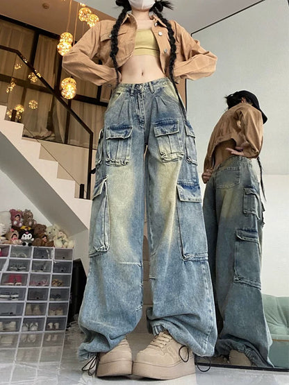 Retro jeans women's autumn multi-pocket design trendy niche high street American workwear women's wide-leg loose