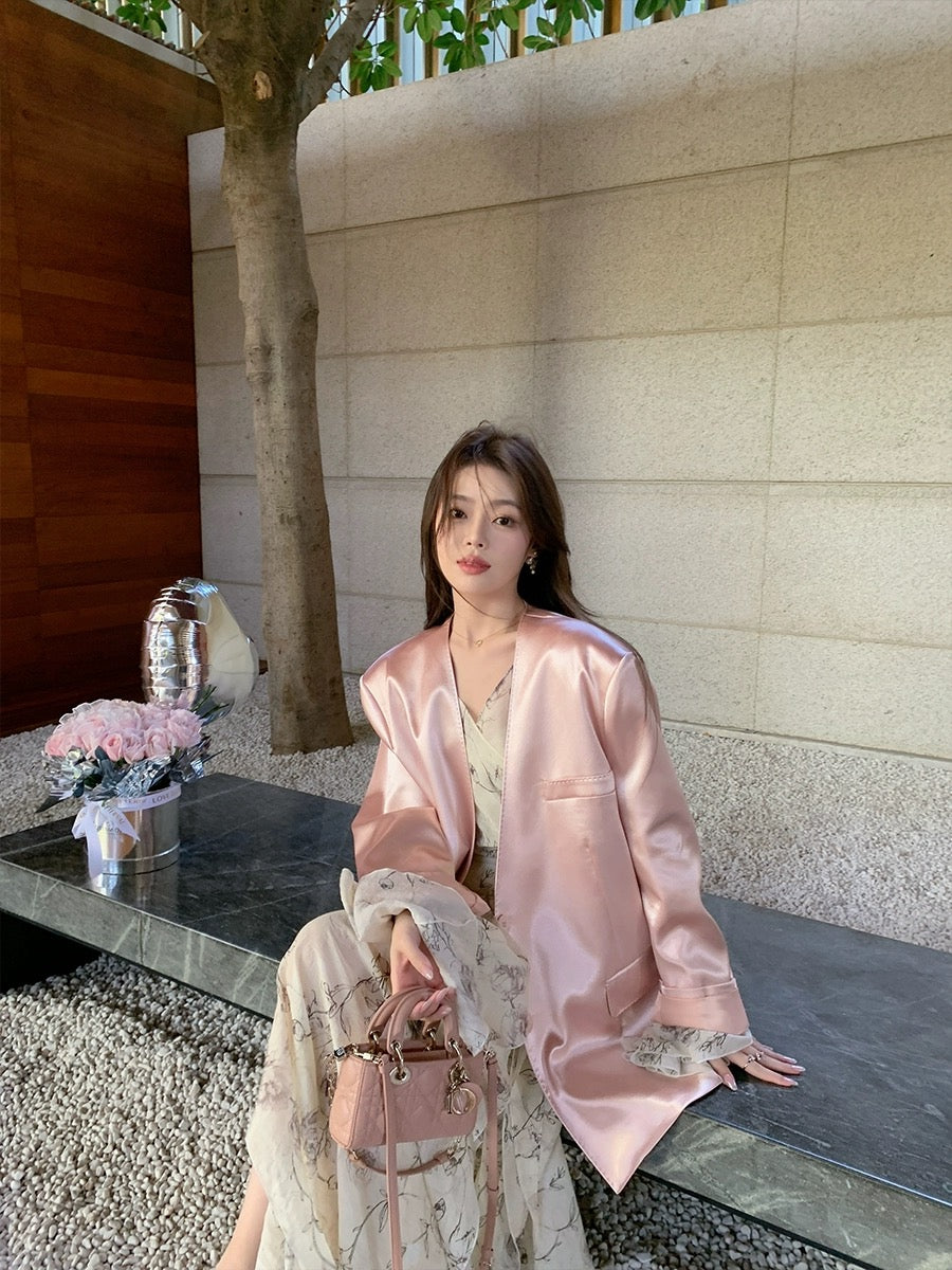ByYou early spring new Chinese style white V-neck printed dress with waist and bell sleeves slit fairy long dress