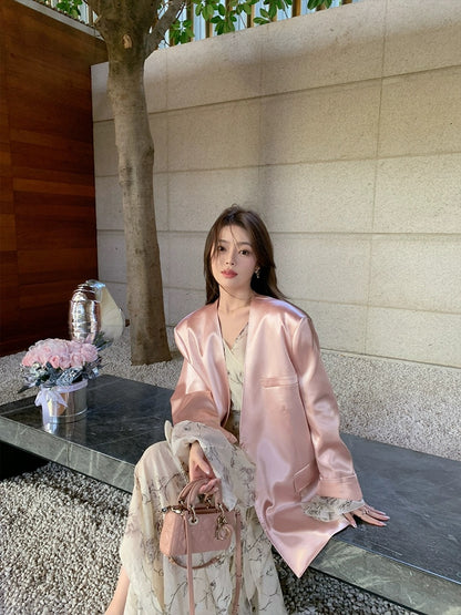 ByYou early spring new Chinese style white V-neck printed dress with waist and bell sleeves slit fairy long dress