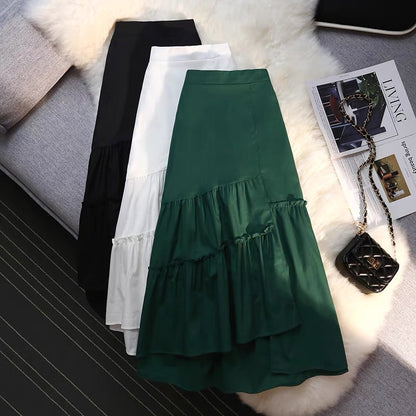 French white skirt for women in summer, irregular pleated skirt, mid-length hip-covering A-line skirt, high waist slit long skirt