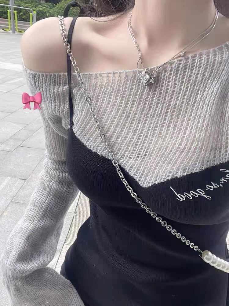 French babes fake two-piece knitted dress women's spring and autumn temperament high-end sexy waist pure desire long skirt